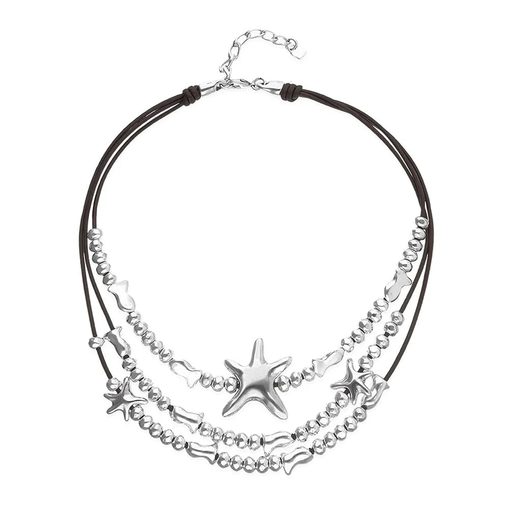 Island style triple layered necklace with silver bead splicing and leather rope, versatile and personalized collarbone chain