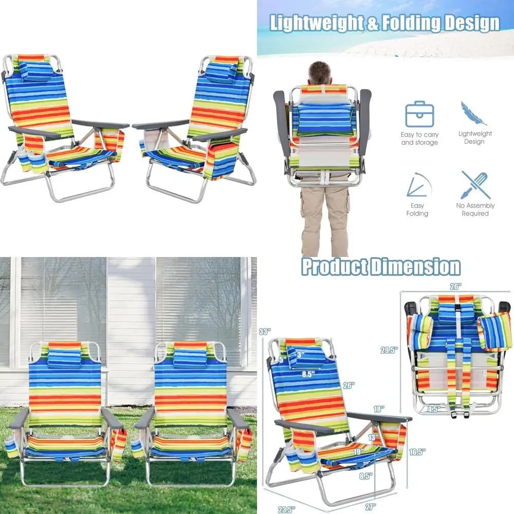 Sedia da spiaggia pieghevole a posizione regolabile con cuscino per la testa, borsa portaoggetti, portasciugamani e portabicchieri - Sedia a sdraio da patio per esterni