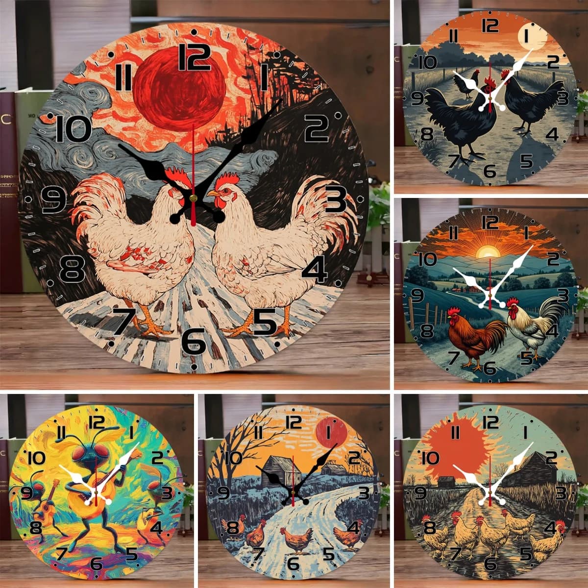 Silent wall clock in wood with oil painting of animals, suitable for living room, office, study room, bedroom, home decoration