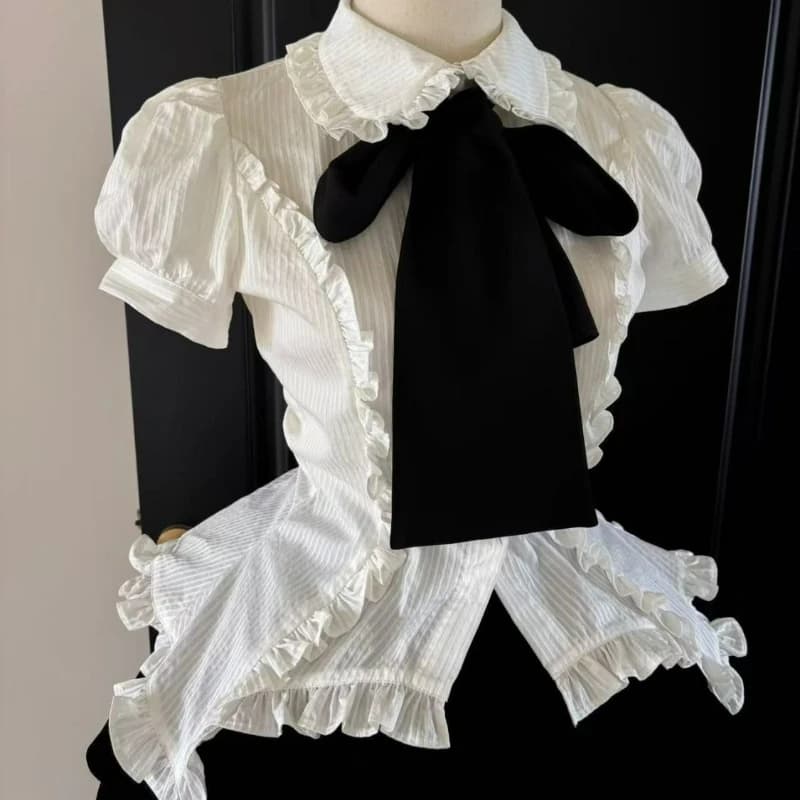Camicetta Lolita in Stile Gotico Giapponese, Elegante Camicia Vintage con Colletto Peter Pan e Volant, Top Slim Estivo Y2k