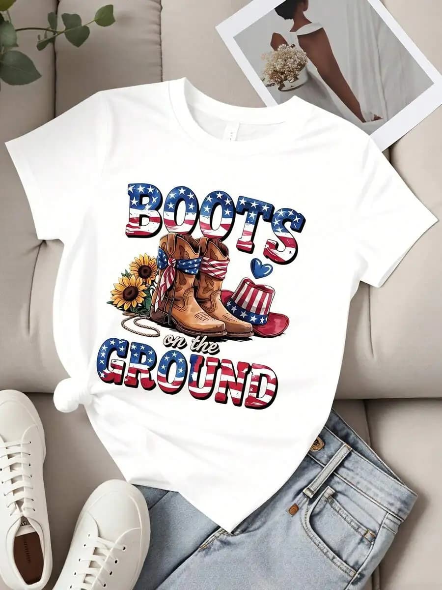 T-shirt girocollo da donna con stampa stivali da cowboy, bandiera americana, girasoli e cappello, a maniche corte, casual, estiva