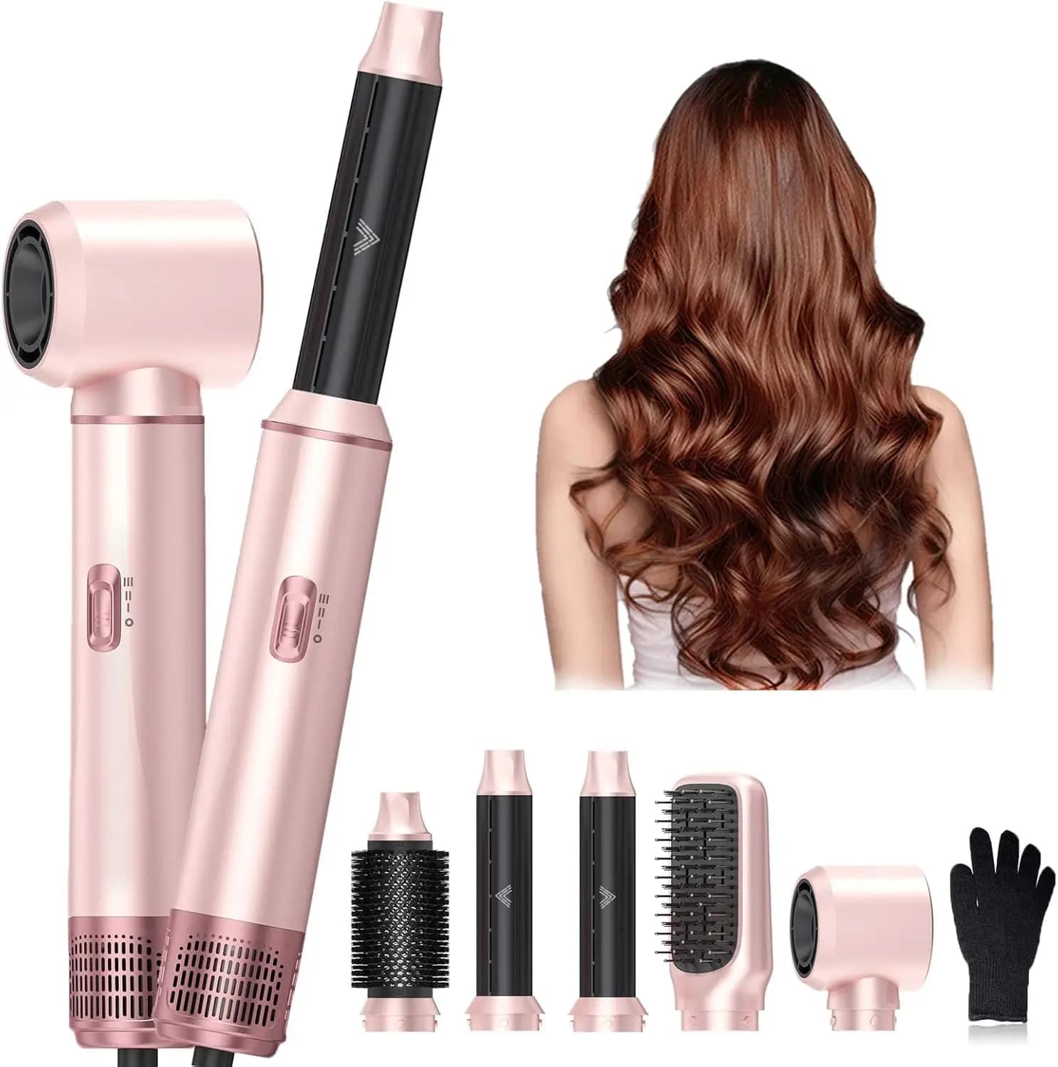 Set Spazzola Asciugacapelli 5 in 1 con 3 Temperature, Spazzola ad Aria Calda a Ioni Negativi per Arricciare, Lisciare e Styling