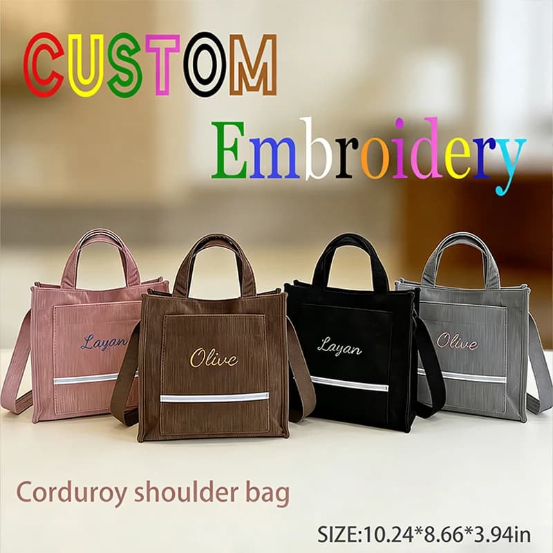 Customised embroidery/Standard style 2 options，Solid color corduroy shoulder bag, handbag, back-to-school season, great gift!