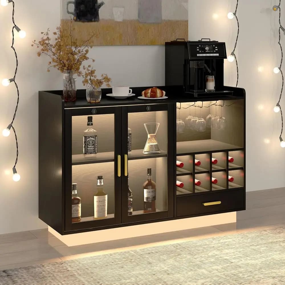 Armadietto bar per vini con luce LED e anta in vetro chiusa, caffetteria galleggiante con prese di corrente e ripiano in vetro, credenza buffet nera