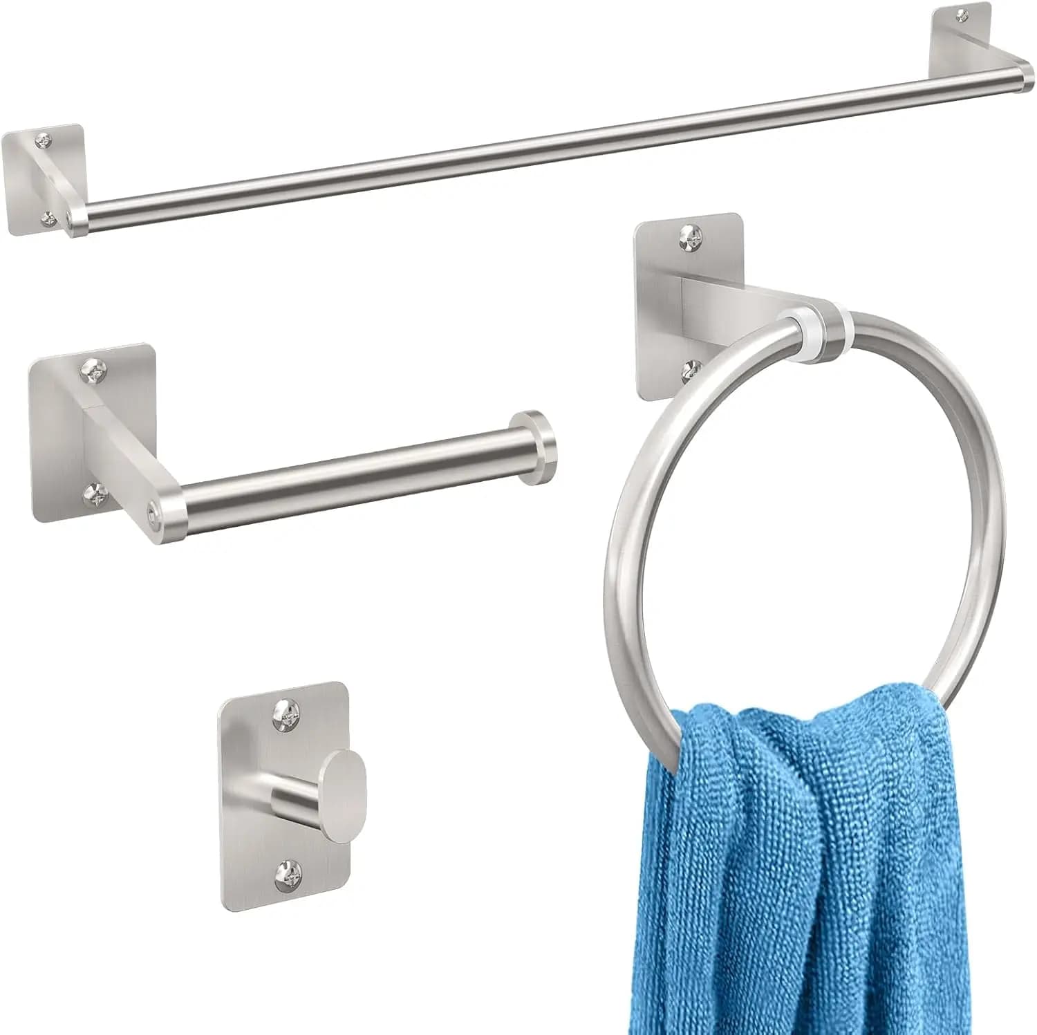 Set di Accessori per Bagno in Nichel Spazzolato, 4 Pezzi, con Porta Asciugamani da 60 cm e Porta Carta Igienica