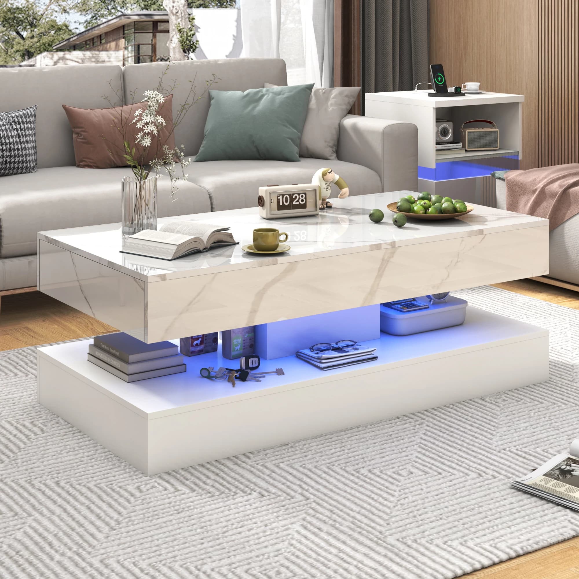 Tavolino moderno ed elegante con luci a LED, design a doppio strato per tavolino da soggiorno con 2 cassetti portaoggetti
