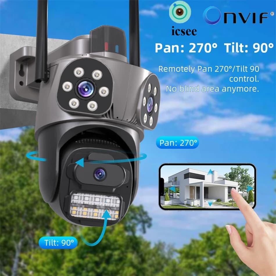 Telecamera di Sicurezza WiFi PTZ a 3 Lenti da 8MP, 360° ° Tracciamento Automatico IP66 per Interni ed Esterni
