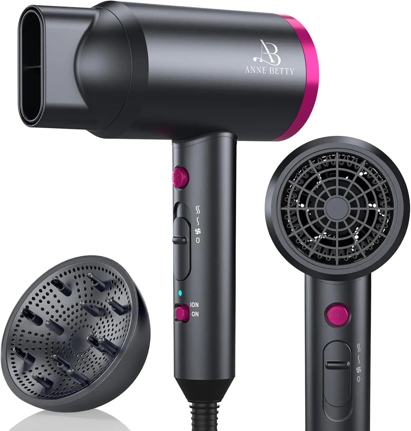Ionic Hair Dryer with Diffuser, Powerful 1800W Blow Dryer for Women & Men, Fast-Drying Hair Dryer with Nozzle for Home, Salon, T