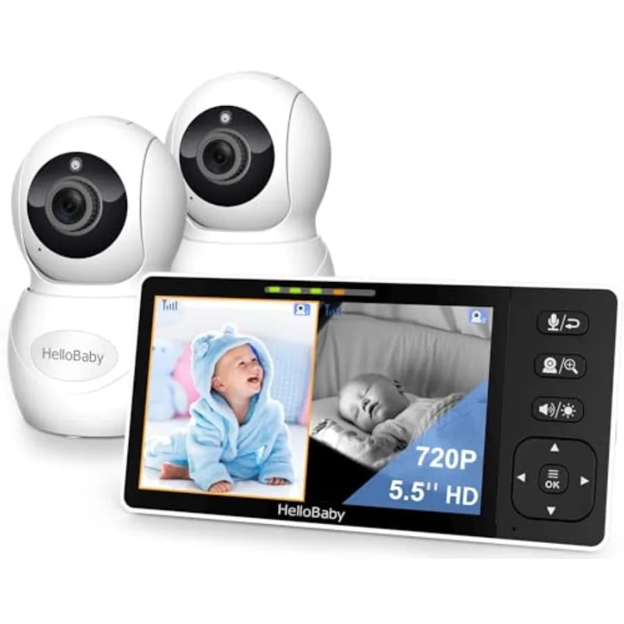 HelloBaby Baby Monitor con 2 Telecamere 5.5 720P HD Senza WiFi Audio Display Schermo Diviso Doppie Telecamere 1080P Pan-Tilt-Zoom Comunicazione Bidirezionale Visione Notturna