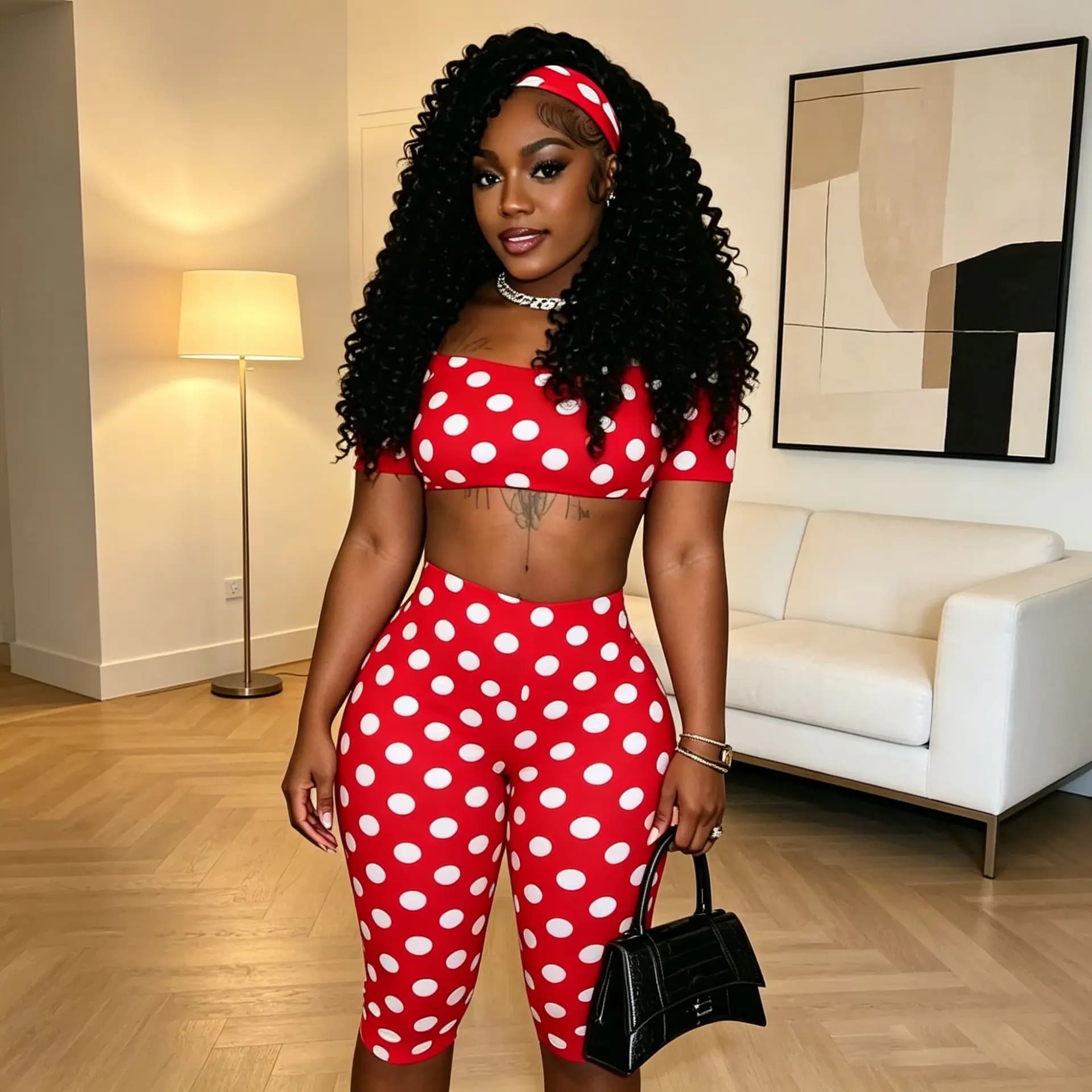 STYLISH LADY Retro Polka Dot 3 Piece Set Off Shoulder Short Sleeve Crop Top and Capri Pant with Headband 2026 Sexy Club Outfits