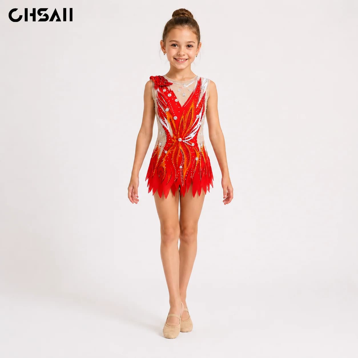 Girls Red Figure Skating Dress Sleeveless Rhinestone Leotard Gymnastics Dance Costume Kids Competition Performance Stagewear Set
