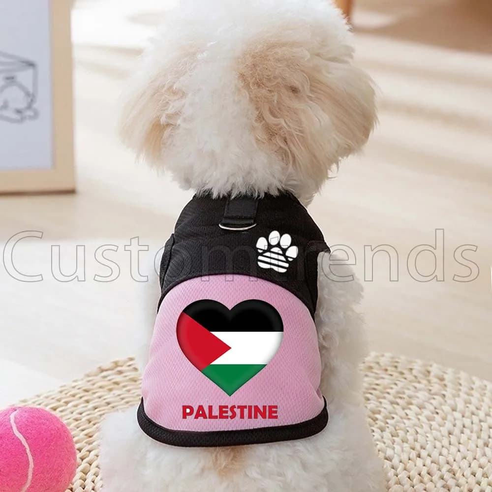 Pettorina a rete con bandiera a cuore della Palestina per cani e gatti, vestito per gattini, gilet estivo primaverile per cani con anello a D per guinzaglio