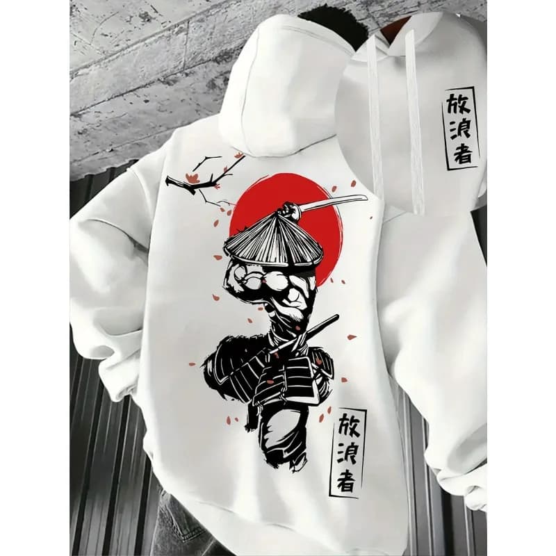 Men's Pattern Hoodie - Casual Polyester Knitted Hoodie with Swordsman Pattern Design, Machine Washable