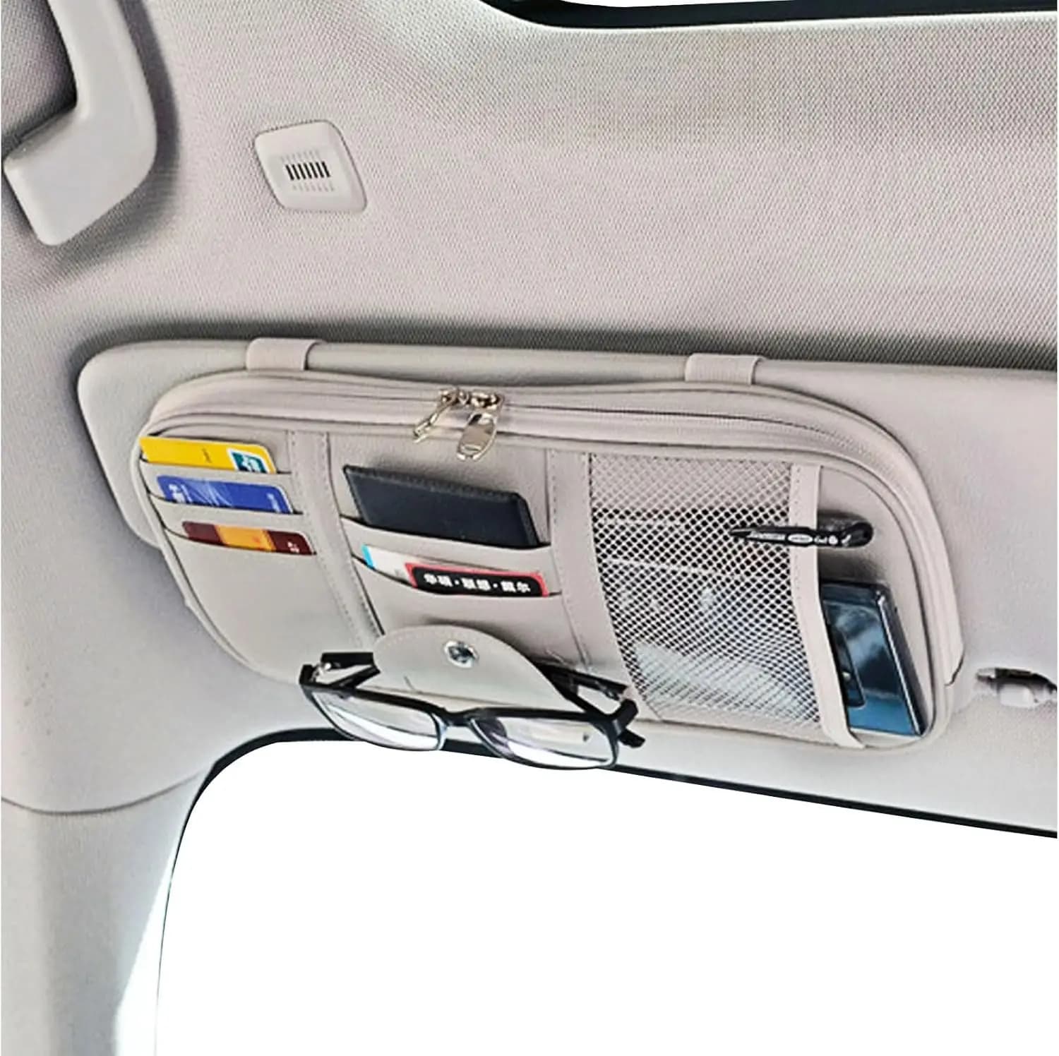 Organizer per Parasole Auto con Tasche Multiple, Cerniere e Bande Elastiche per l'Organizzazione in Auto, SUV, Camion