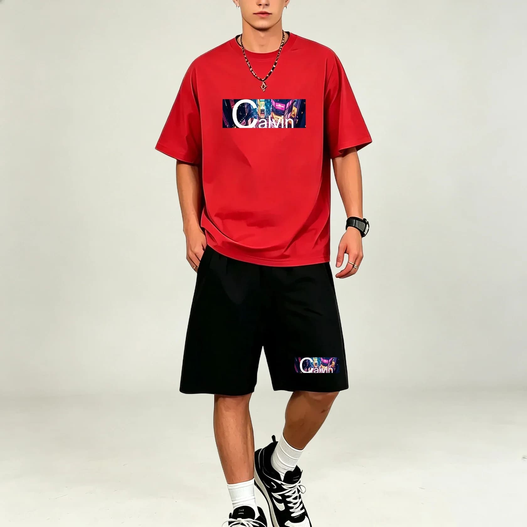 Men Calvin Pattern Print T-Shirts Sets Quick Dry T-Shirt Set Round Neck Short Sleeve Top Loose Training Shorts Sweat Casual Suit