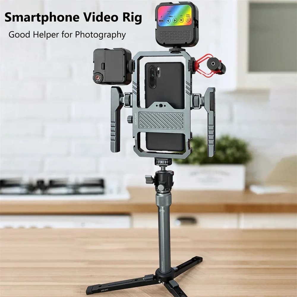 Intelligent cage stabilizer for universal phone metal with telephone support for Iphone 15 14 13 Andriod Mic Led Light Filmmaking Video