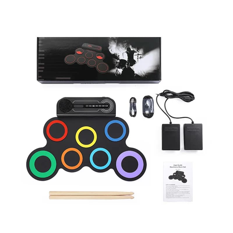 Set di batteria elettronica portatile compatta con altoparlante incorporato Cuscinetti in silicone Pedali a due piedi Bacchette Kit completo