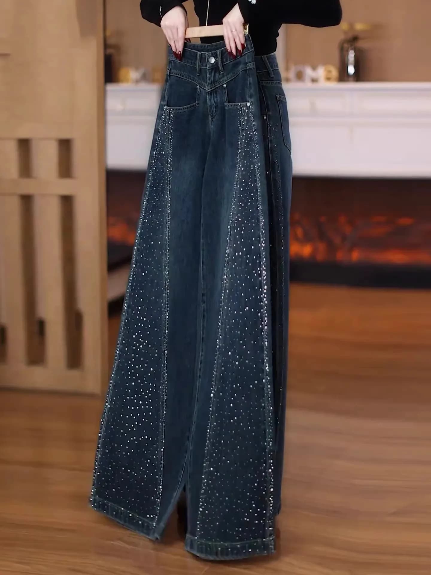 Jeans a Vita Alta e Gamba Larga da Donna, Pantaloni in Denim Larghi che Coprono i Fianchi, Snellenti, con Diamanti, che Nascondono la Pancia, alla Moda, Lunghi