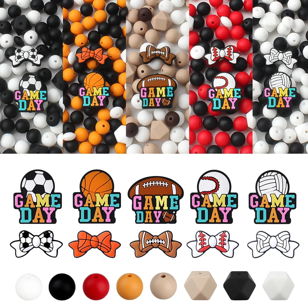 Set of 18 silicone beads for sport with balls, football, baseball, basketball, football, volleyball, craft jewellery accessories drawings DIY