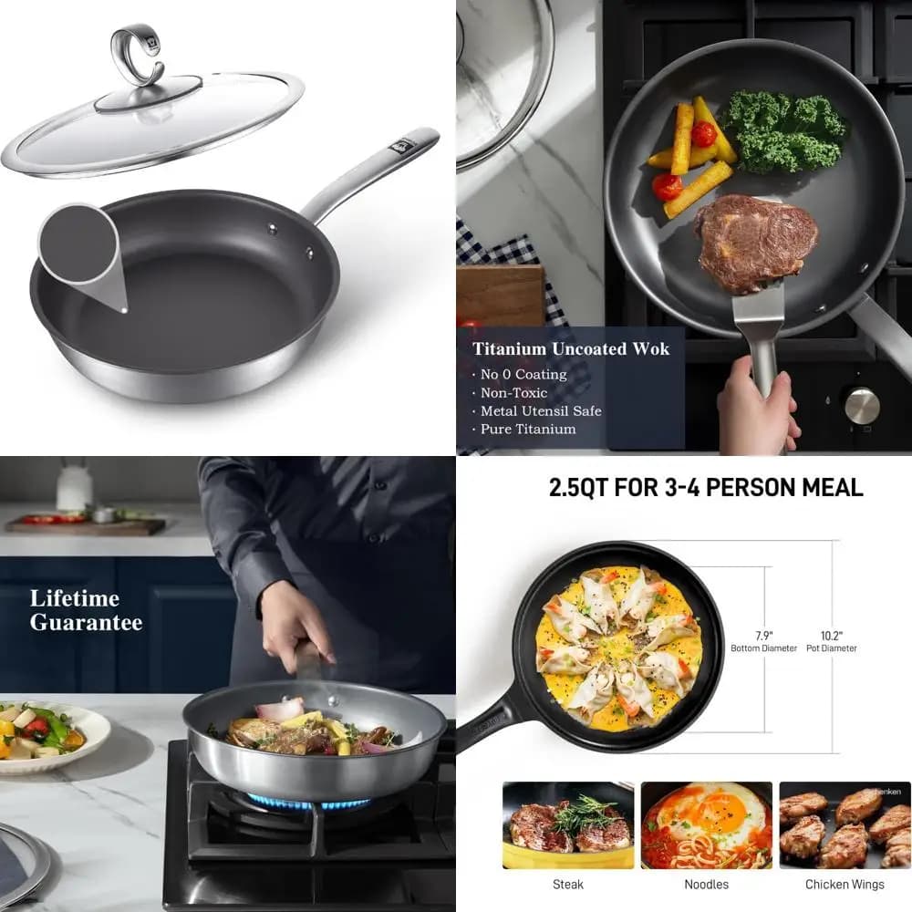 Padella antiaderente in titanio da 11 pollici con coperchio, lavabile in lavastoviglie e forno, base in acciaio inossidabile, padella compatibile con induzione, Unc