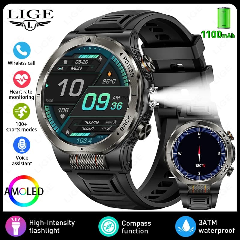 LIGE 2026 NEW Smart Watch For Men Heart Rate Monitor Compass AMOLED Screen 3ATM Waterproof Flashlight Bluetooth Call Smartwatch