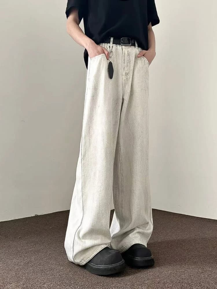 Jeans Bianchi da Uomo, Modello Autunnale Sottile, Gamba Larga e Dritta, Stile Americano High Street, Pantaloni Casual Lunghi Resistenti all'Usura