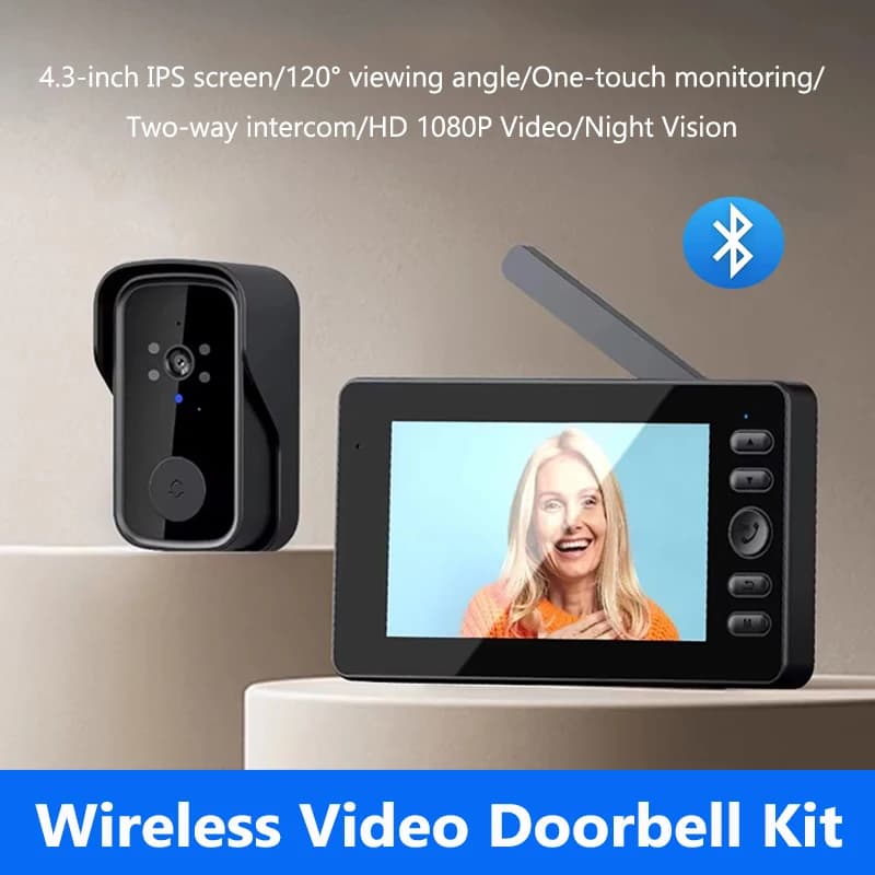 Campanello video wireless, schermo IPS da 4,3", video ad alta definizione 1080P, citofono bidirezionale wireless, visione notturna, impermeabile