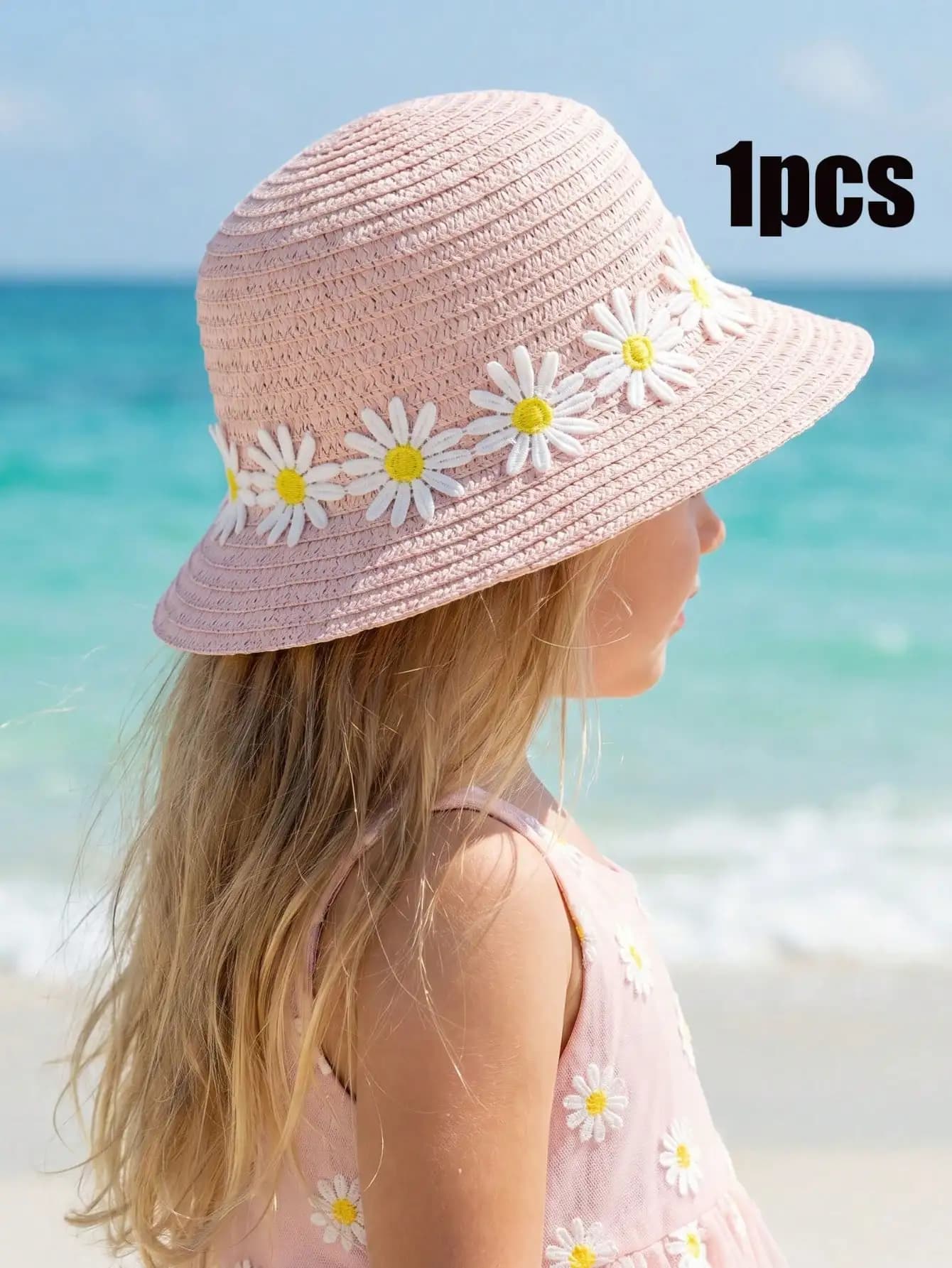 Cappello di paglia rosa per ragazze da 1 a 5 anni, con motivo a margherite, traspirante, per spiaggia, sport all'aria aperta, vacanze, abbigliamento casual quotidiano