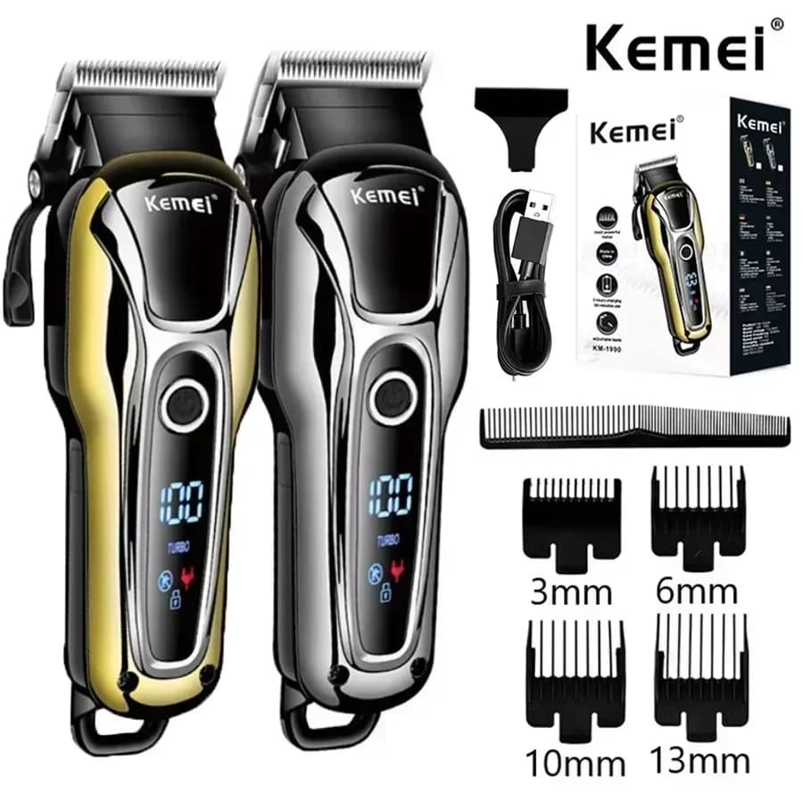 Tagliacapelli Elettrico Kemei KM-1990 per Uomo, Trimmer con Display LCD, Set Professionale per Taglio Capelli