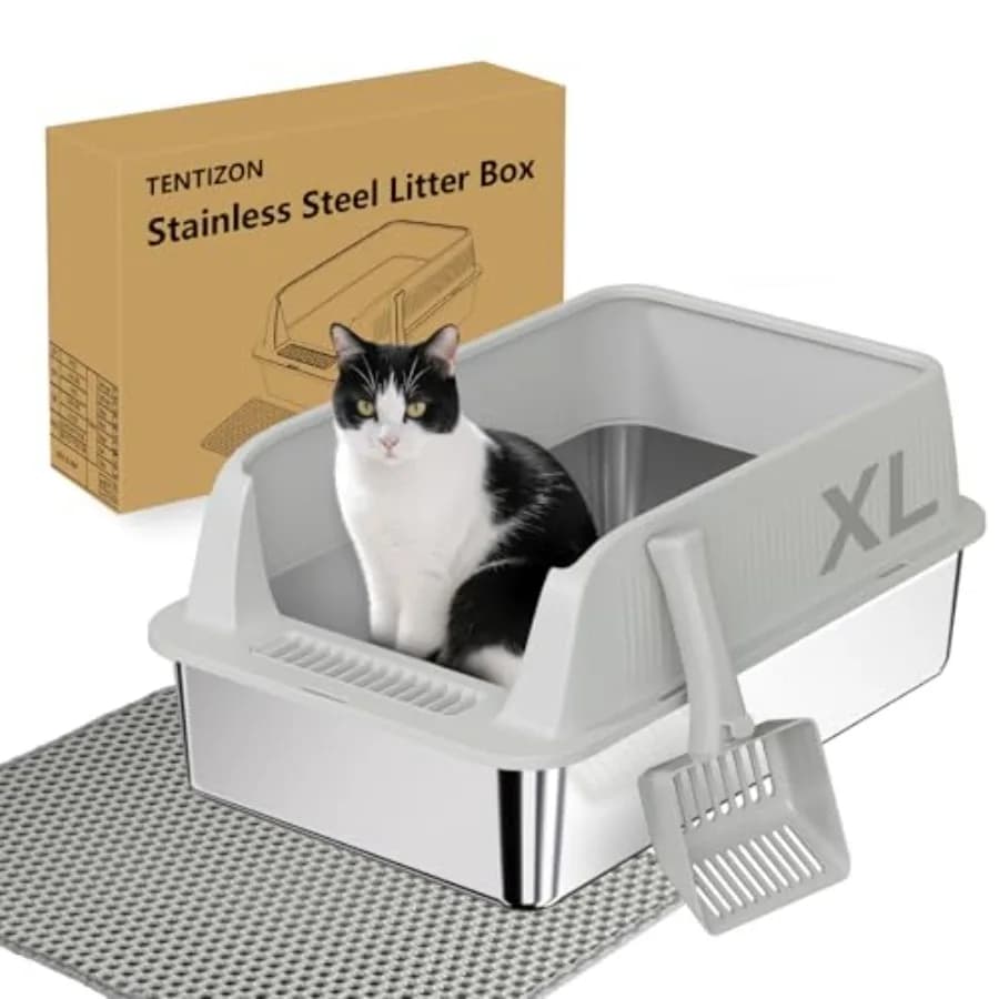 TENTIZON Stainless Steel Cat Litter Box, XL Large Metal Kitty Litterbox with High Side Lids, Litter Mat, Scooper for Big Cats,
