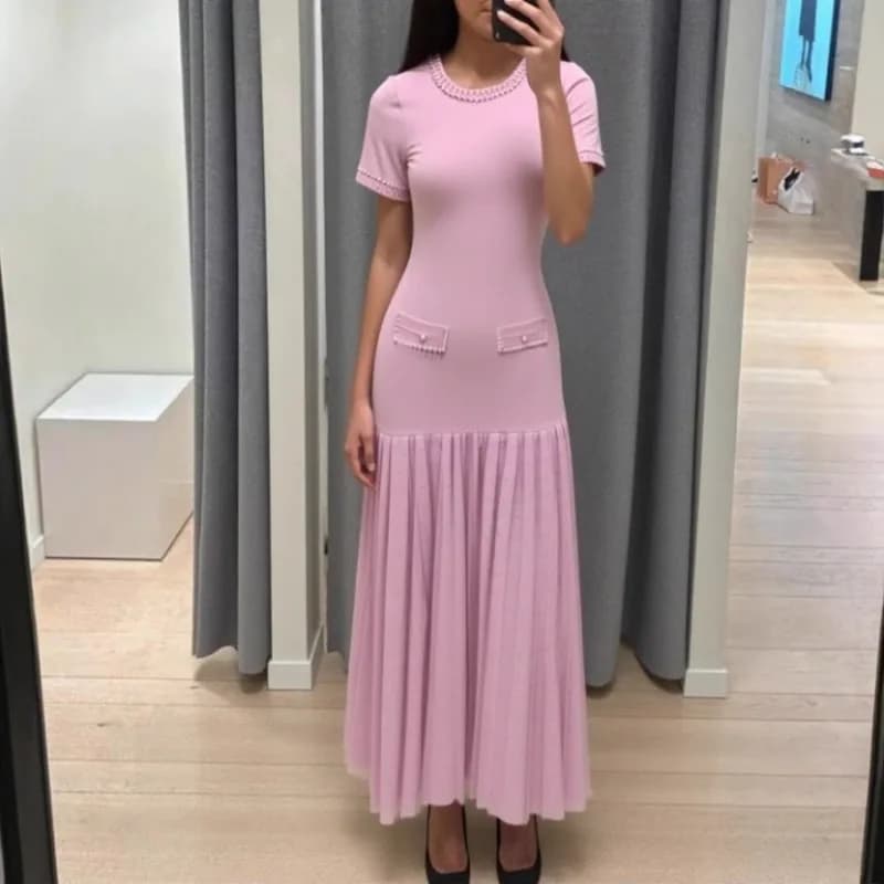 Black Skirt Heavy Industry Bead Round Neck Short Sleeve Knitted Skirt High Elastic Waist Pleated Dress