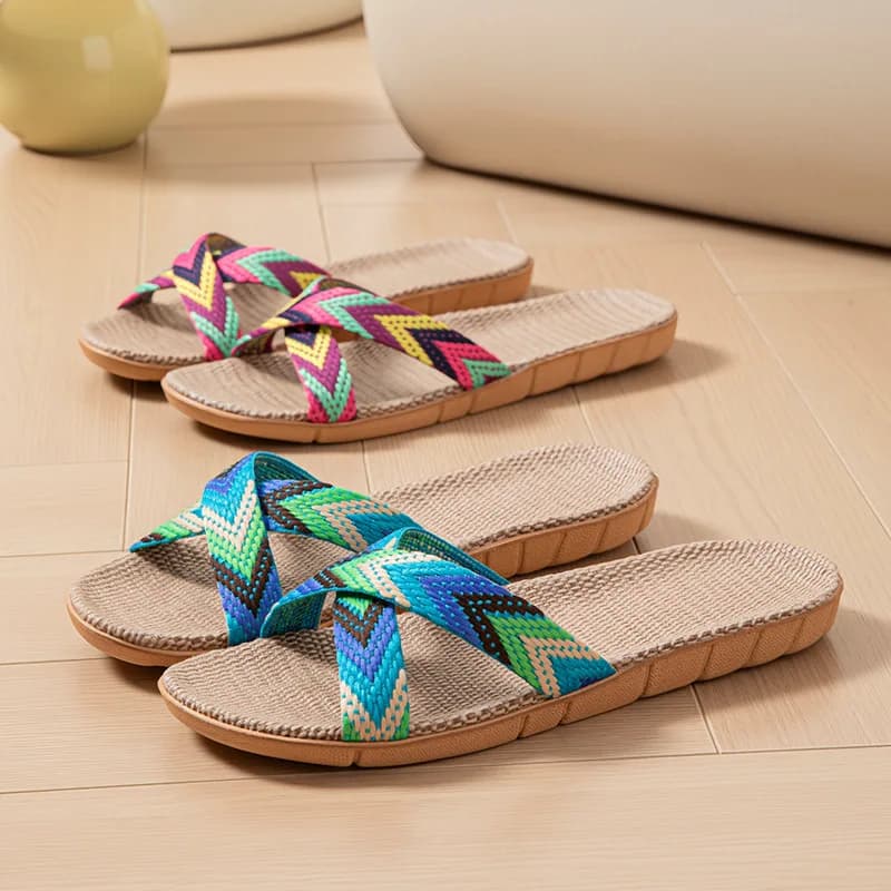 Women's slippers in hemp, elegant and soft, for home, summer, non-slip, model 2026, new, linen, for interior, for couple