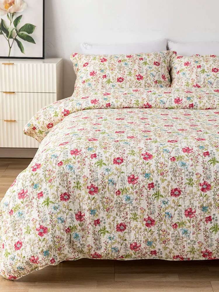 Set di biancheria da letto in puro cotone Thiened con patchwork floreale in stile campagna coreana, copripiumino, inserto trapuntato e lenzuolo a tre pezzi.