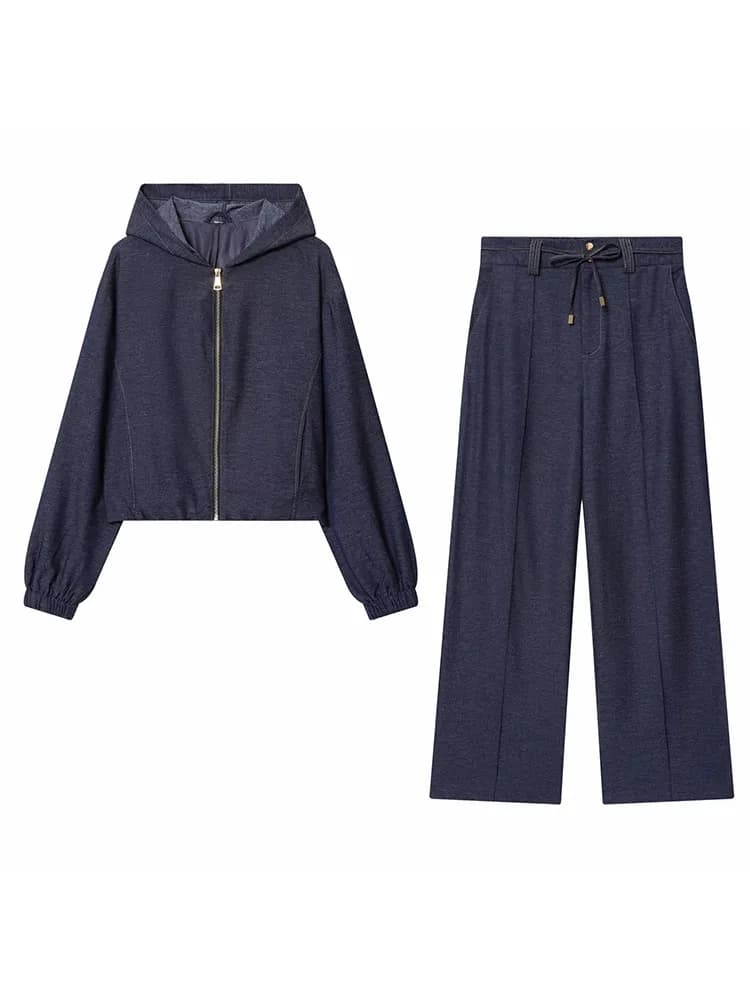 Donna 2025 Chic Solid Streetwear Abito casual Giacca politica con cappuccio con cerniera + Pantaloni lunghi con coulisse Set cappotto femminile elegante moda