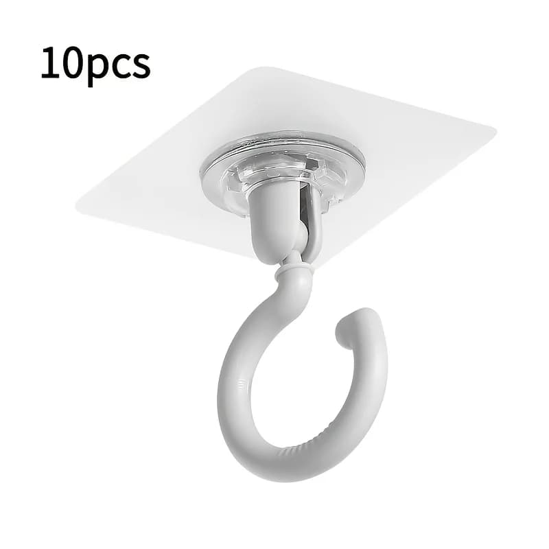 10-piece 360° rotating self-adhesive ceiling hooks, no drilling required and leave no marks. Suitable for hanging lights, plants, lanterns, wind chimes, clothes hangers and movable curtains.
