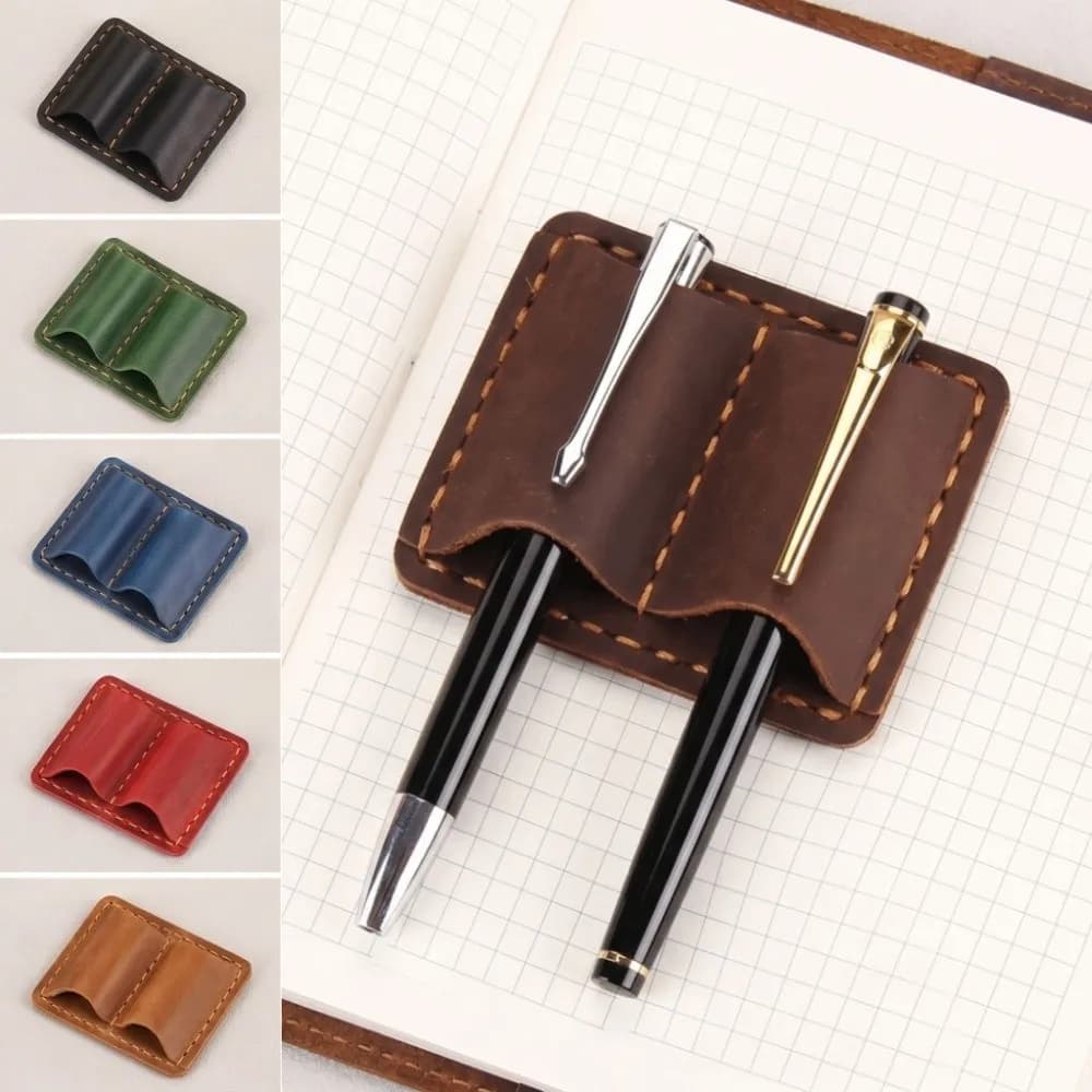 Double Vintage Leather Pen Loop Holder Elegant Handmade Retro Pen Holder Anti-lost Metal Clip Pen Sleeve Journal