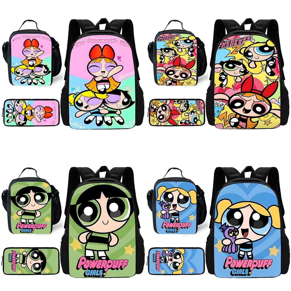 Zaino scolastico per ragazze Cute Anime Powerpuffs per bambini con borse per il pranzo, borse per matite, borse per la scuola per ragazzi e ragazze, miglior regalo