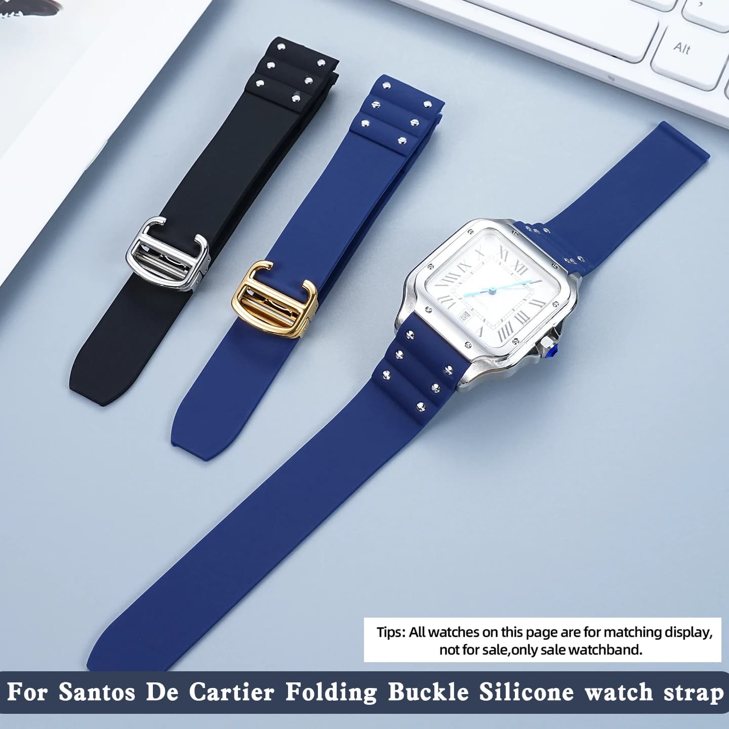 Cinturino per orologio in morbido silicone impermeabile per Santos De Cartier Series WSSA0039/37 WSSA0018/13/09 Cinturino in gomma 21mm Nero Blu