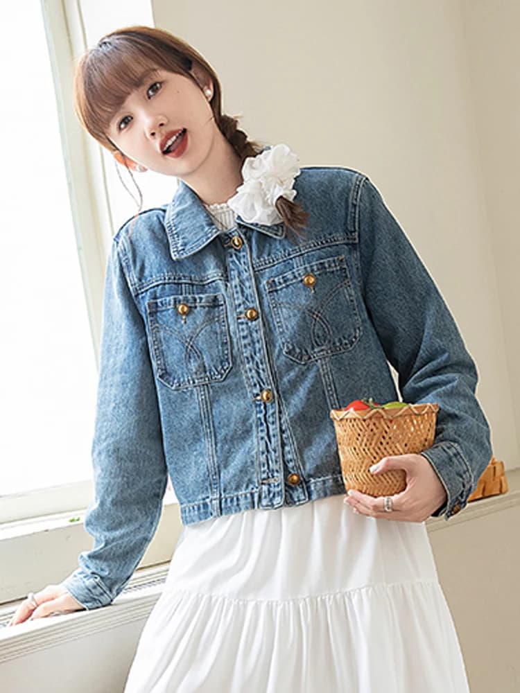 Colletto POLO Retro blu tubo dritto giacca di jeans corta per abbigliamento donna autunno 2024nuovo cappotto Versatile moda stile Casual
