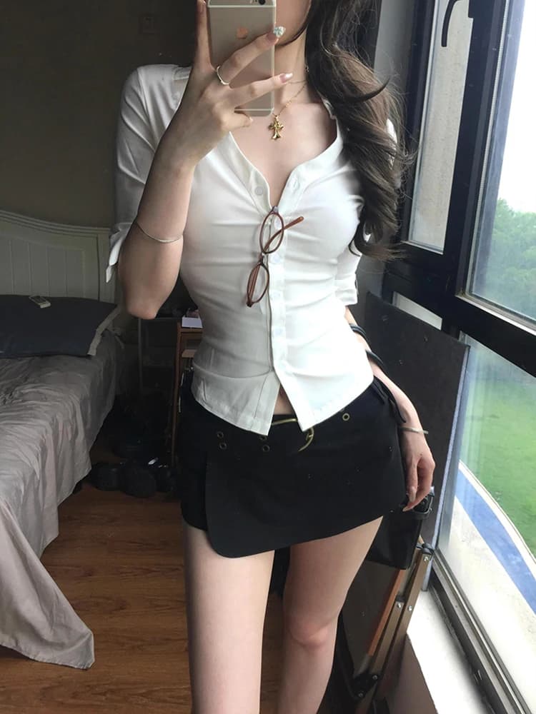 Camicia Sexy Pure Desire Bianca con Scollo a V, Top da Donna a Maniche Corte con Effetto Snellente e Vita Stretta