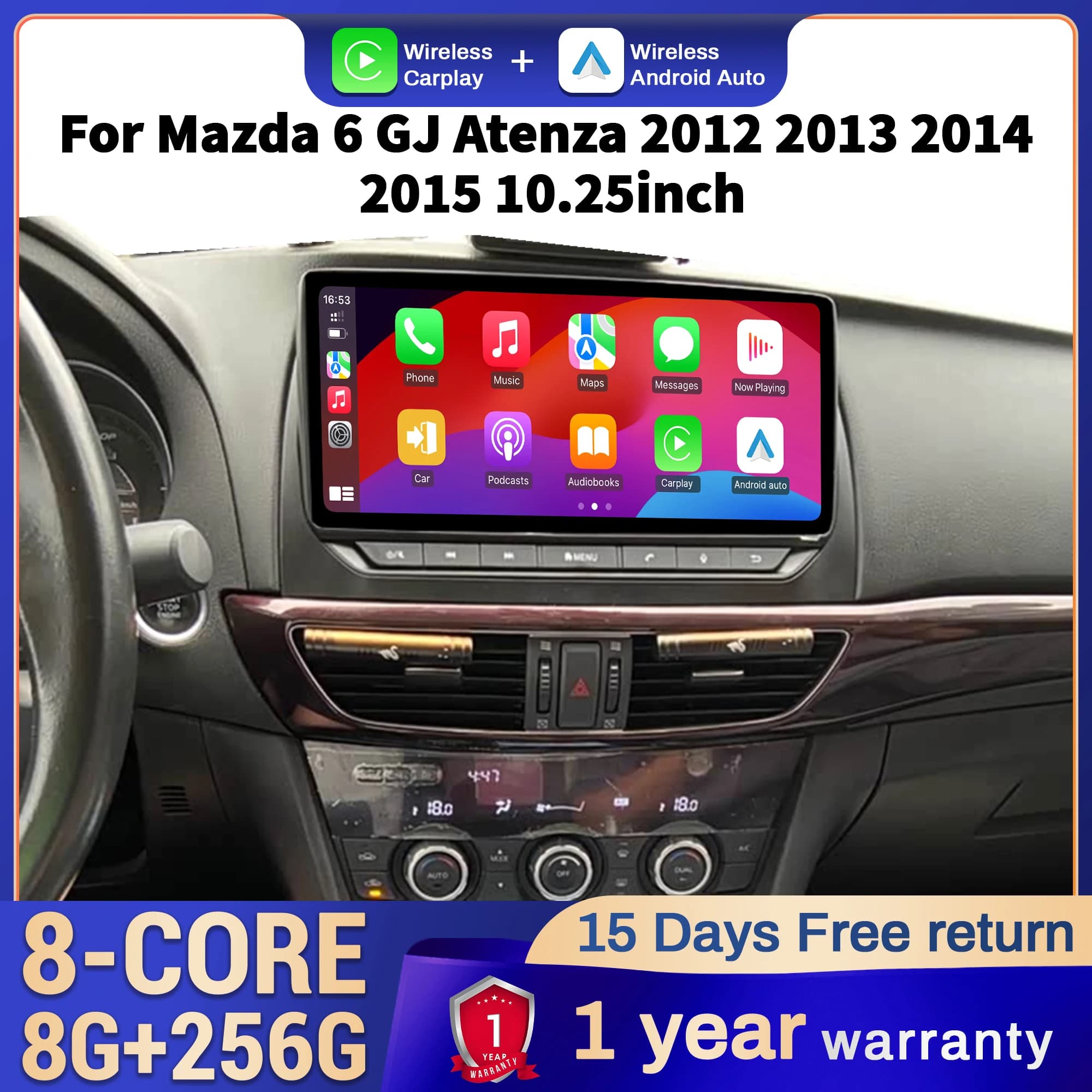 Autoradio da 10.25 pollici per Mazda 6 GJ Atenza 2012 2013 2014 2015 4G Unità principale Wireless Bluetooth CarPlay Touch Screen Stereo