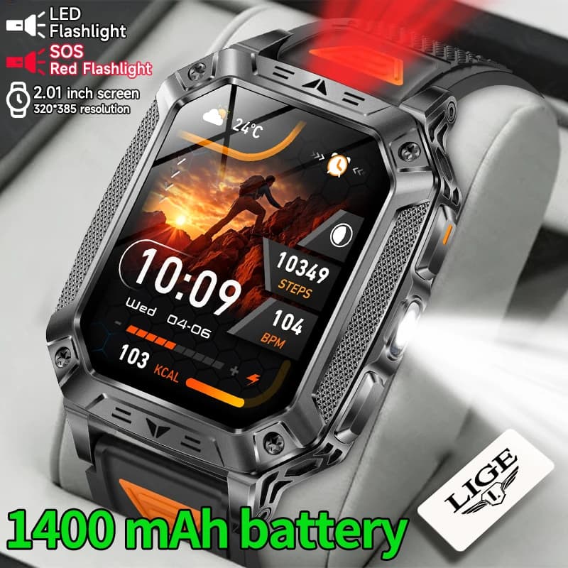 Nuovo Smartwatch da Uomo con Batteria Grande da 1400mAh, GPS, Tracker Fitness, Torcia, Cardiofrequenzimetro, Chiamate Bluetooth, Militare, per Esterni