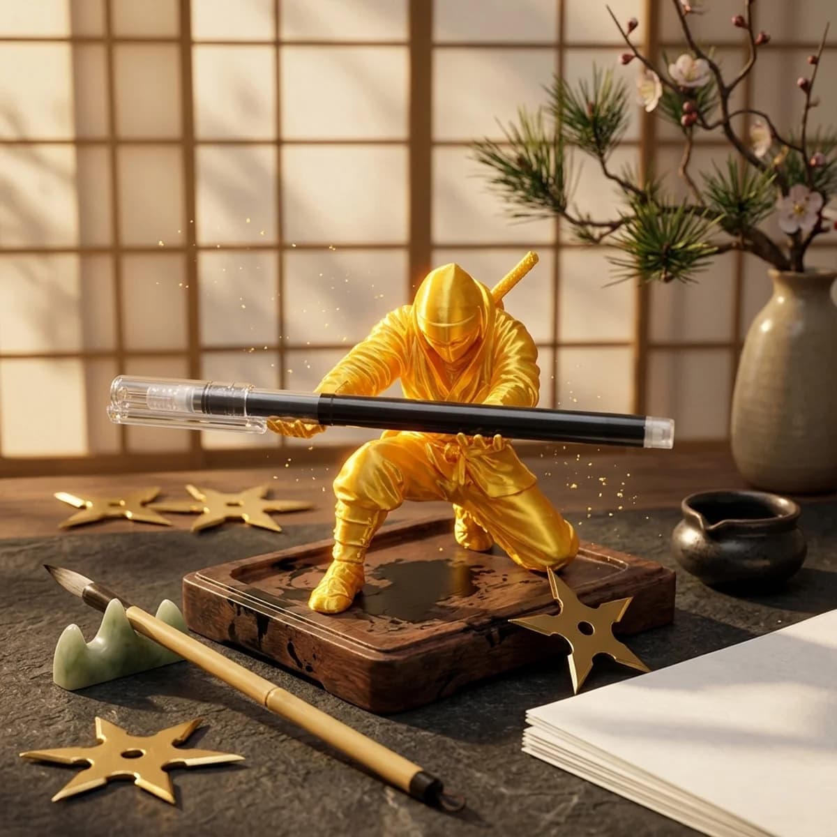 Portapenne Ninja 3D di Lusso Dorato (9*7.8cm) Stampato in 3D, Decorazione Creativa per Ufficio e Casa, Organizzatore di Cancelleria, Figurina, Regalo Originale