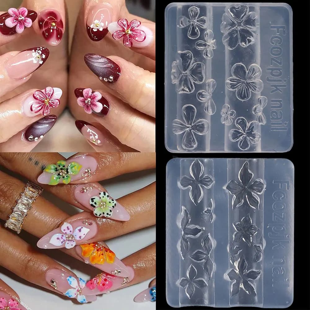 All In One 3D Flower Nail Art Kit, 2Pcs Clear Silicone 4&5 Petal Floral Mold + Crystal Double Head Carving Sculpture Pen Reusable Non-Stick For DIY Emboss Gel Manicure