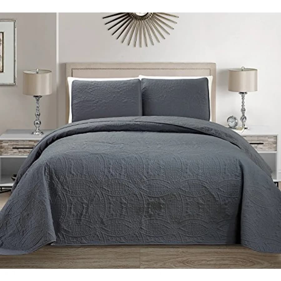 Set Copriletto in Rilievo 3 Pezzi Extra Large, Colore Grigio Scuro 106" x 100" Nuovo