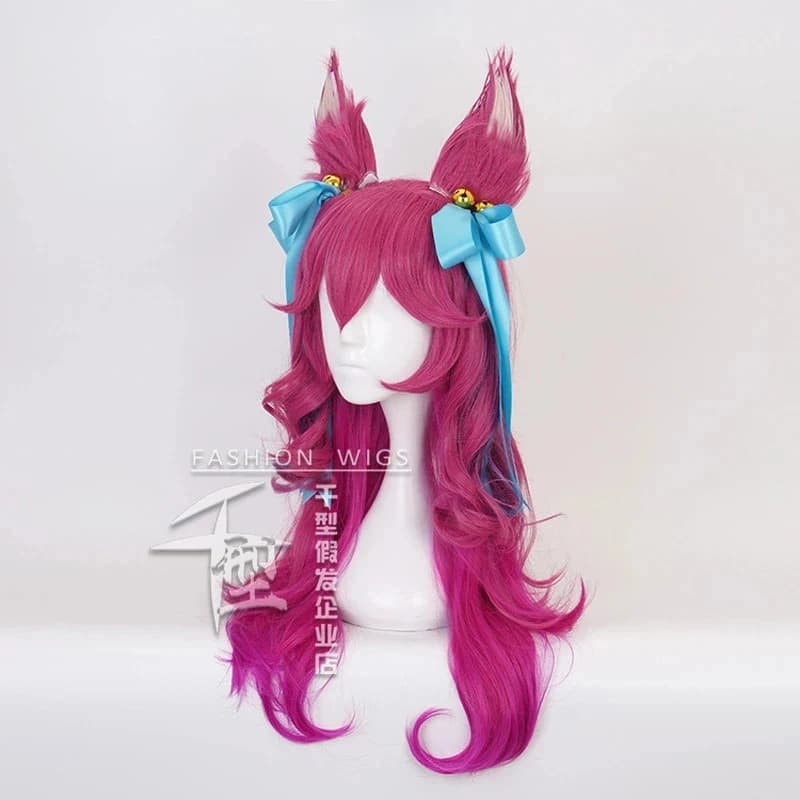Parrucca Cosplay LOL Spirit Blossom Ahri con Orecchie, Capelli Lunghi Ricci Ondulati Sintetici Resistenti al Calore, Parrucche Anime