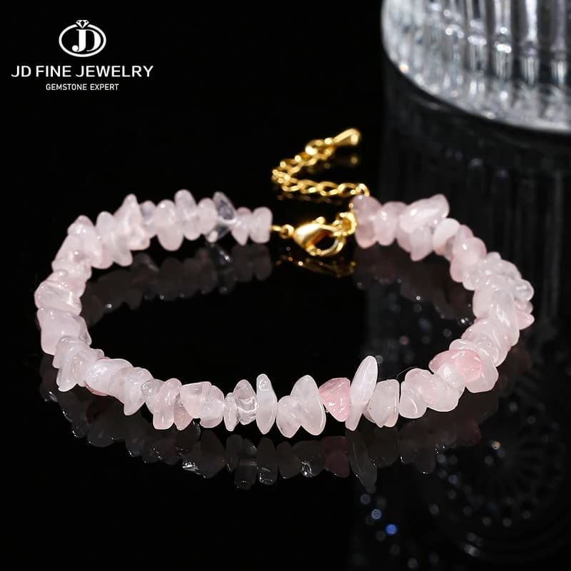 JD Quarzo rosa naturale Ghiaia Perline Chip irregolari Bracciale a catena Donna Dolce Reiki Guarigione Chakra fatto a mano regolabile Regalo Yoga