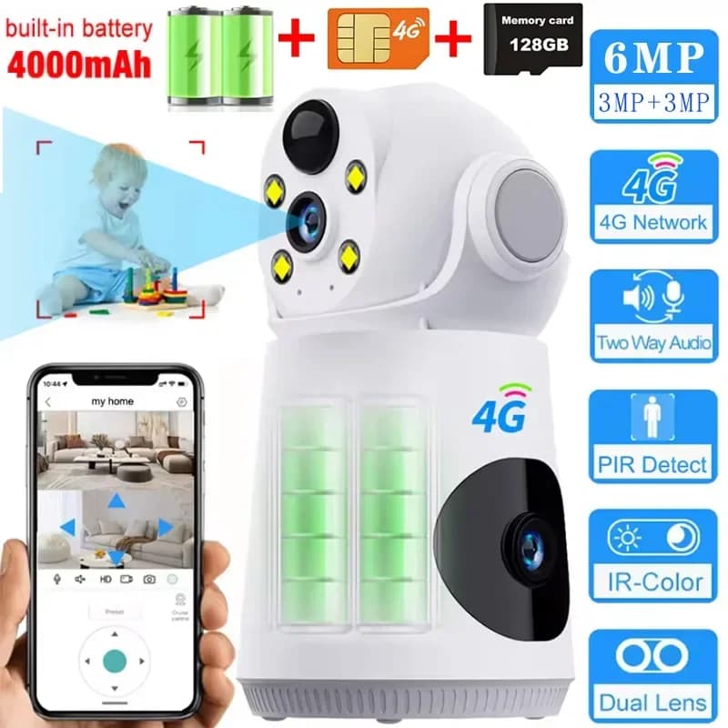 4G/WiFi IP Camera Dual Lens Dual Screen Low Powered Battery Baby Monitor PIR Human Detection Night Vision Security Camera