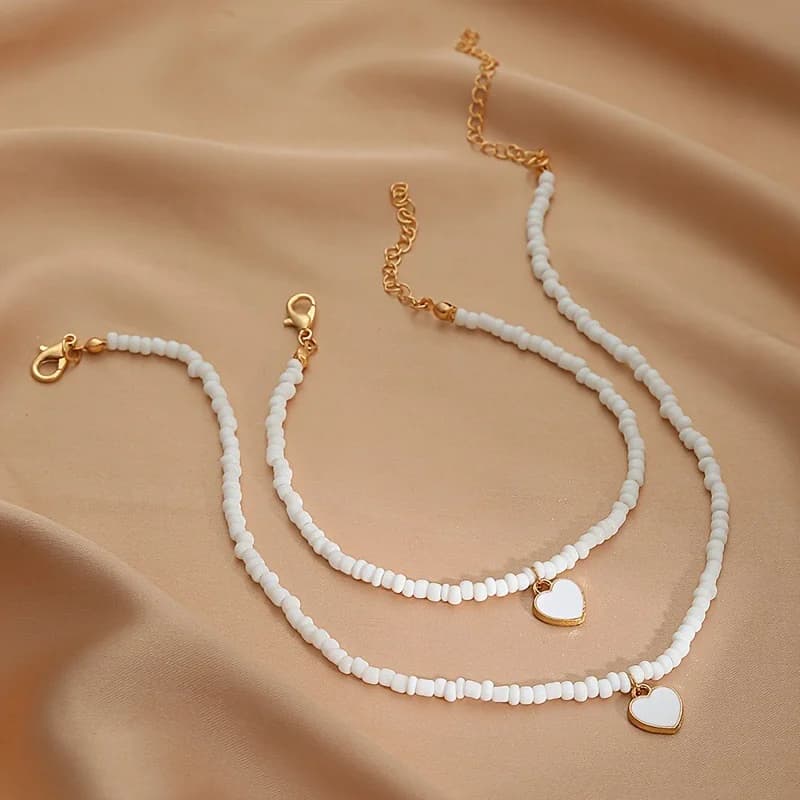 [HS] # Set di 2 Collane Boho Chic da Donna con Ciondolo a Cuore in Perline Fatte a Mano - Bianco Perla, Set di Accessori Boho per la Clavicola