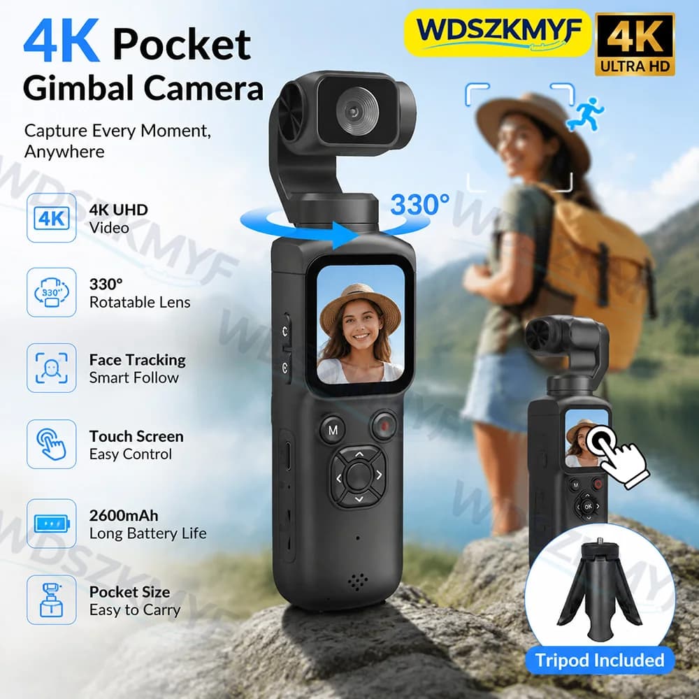 4K Action camera with 330° Face Tracking Gimbal Stabilizer & 1.72 Inch Touch Screen 64MP 2400mah WiFi Digital pocket cameras